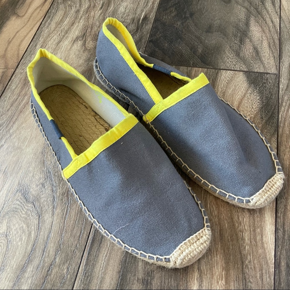 New Soludos grey espadrilles with yellow trim